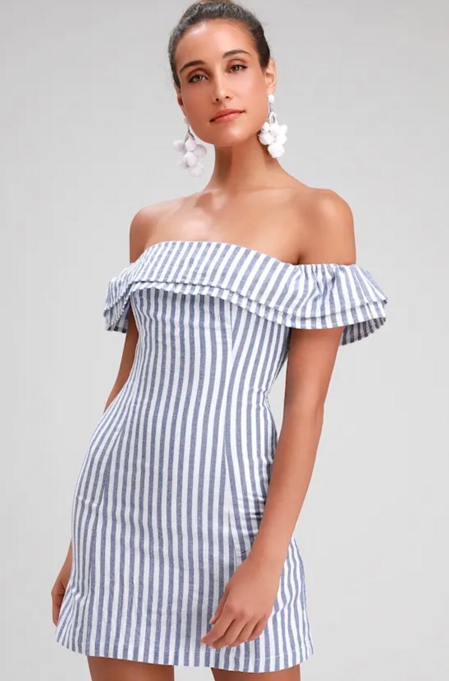 NWT Lulus Seaside Skipper Blue Striped Off-the-Shoulder Mini DressS